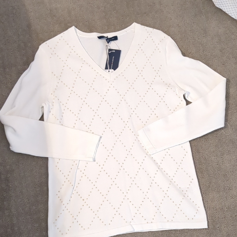 White V-Neck Sweater with Studded Design